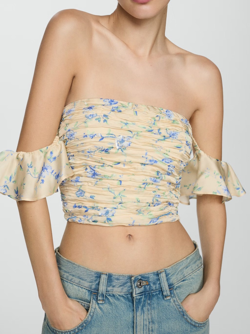 Mango Butter Yellow Off-Shoulder Floral Ruched Crop Top NWT size Medium